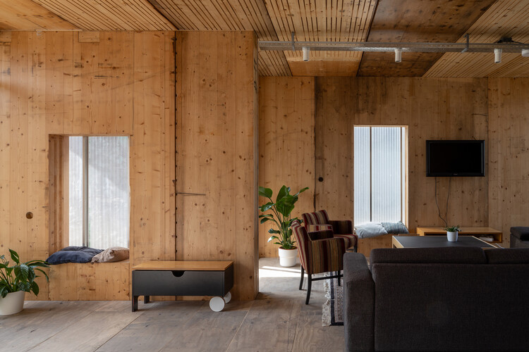 Circular Living Room and Temporary Housing / VLOT architect - Interior Photography, Living Room, Windows, Wood, Table, Chair, Beam