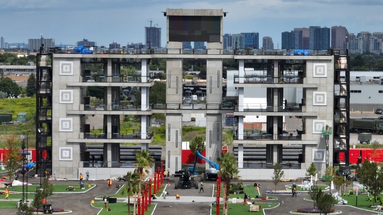 Aerial images (Drone) of the construction of the reality-based production Mr. Beast at Old Downsview airport - now owned by Northcrest Developments. 'Beast Games' will award Mr. Beast Reality Show with a $5 Million (USD) Grand Prize, the largest payout in television history. It was Greenlit by Prime Video.