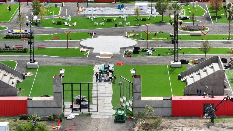 Aerial images (Drone) of the construction of the reality-based production Mr. Beast at Old Downsview airport - now owned by Northcrest Developments. 'Beast Games' will award Mr. Beast Reality Show with a $5 Million (USD) Grand Prize, the largest payout in television history. It was Greenlit by Prime Video.