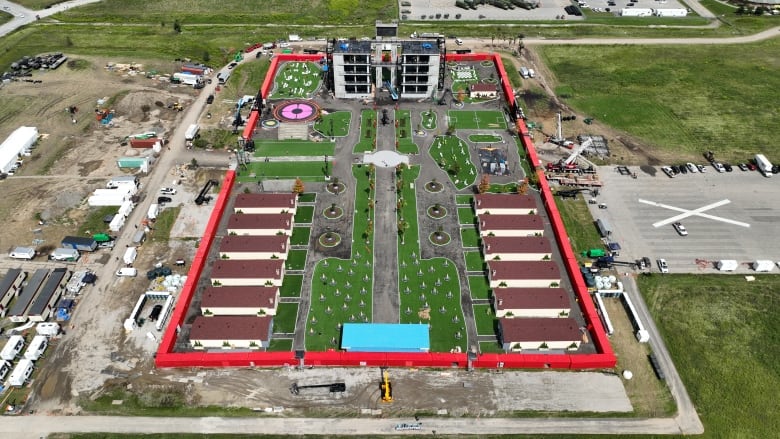 Aerial images (Drone) of the construction of the reality-based production Mr. Beast at Old Downsview airport - now owned by Northcrest Developments. 'Beast Games' will award Mr. Beast Reality Show with a $5 Million (USD) Grand Prize, the largest payout in television history. It was Greenlit by Prime Video.